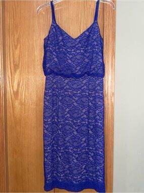Dress the Population Alisha Body-Con Midi Dress M Blue Lace Beige Blouson Lined